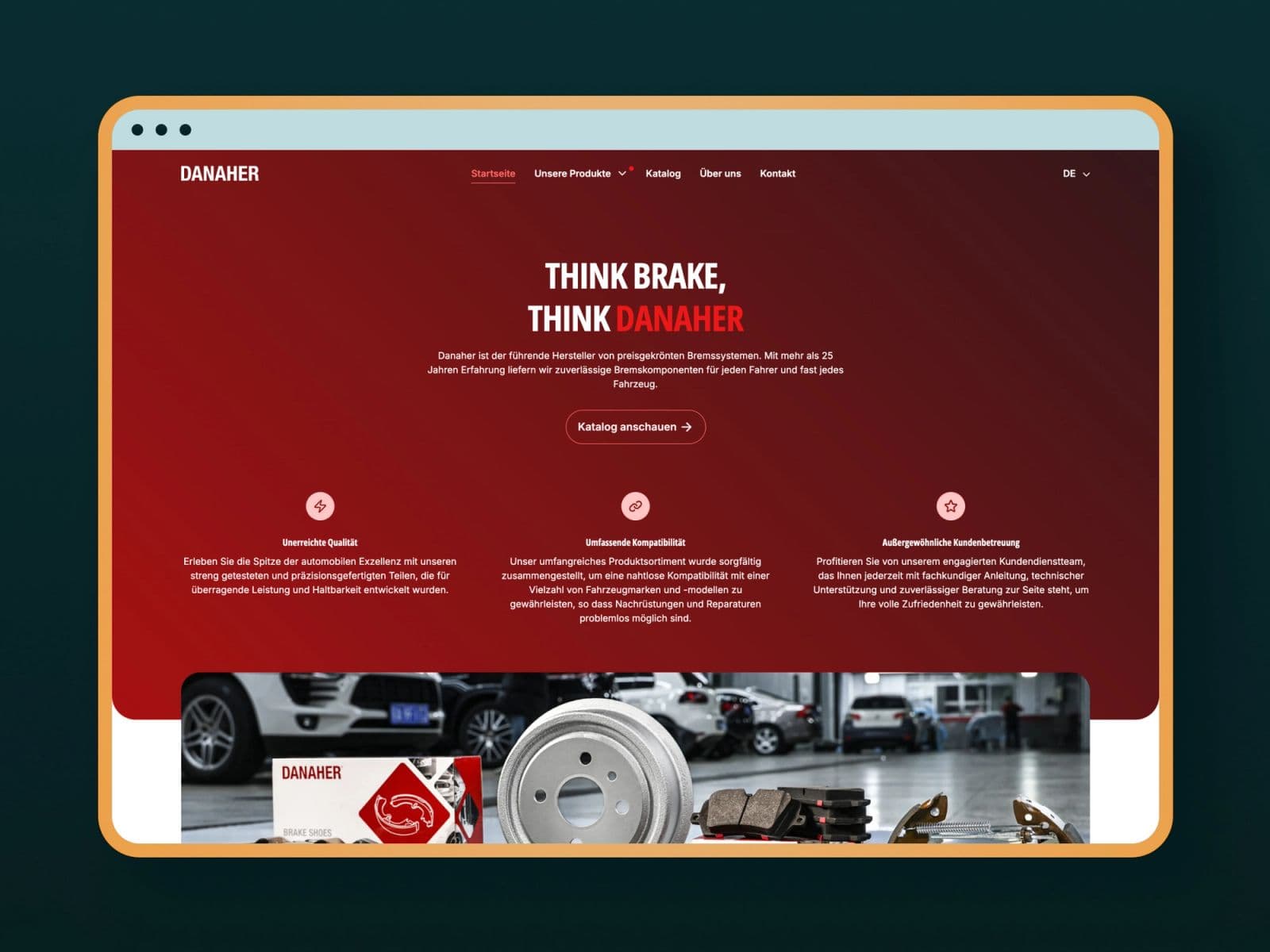 Danaher’s red website homepage with catalog navigation and braking products, published by Evelan.