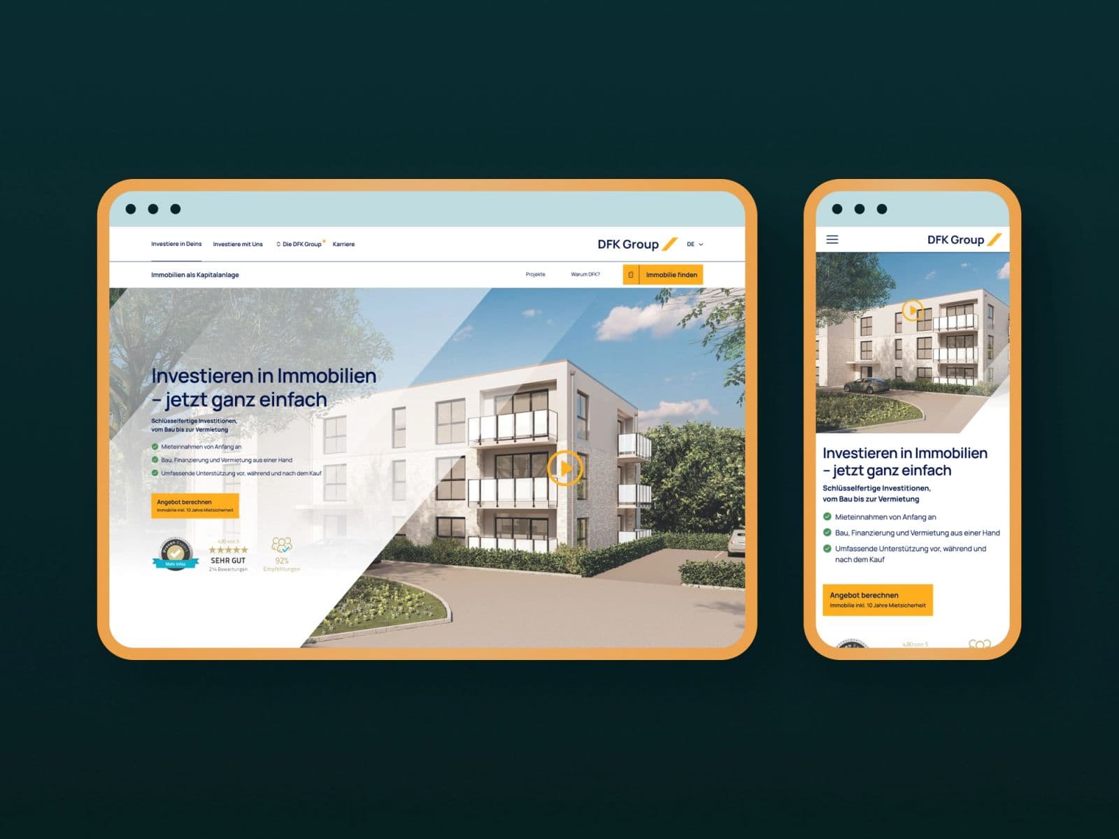 DFK Group’s website interface shown on desktop and mobile, published by Evelan.