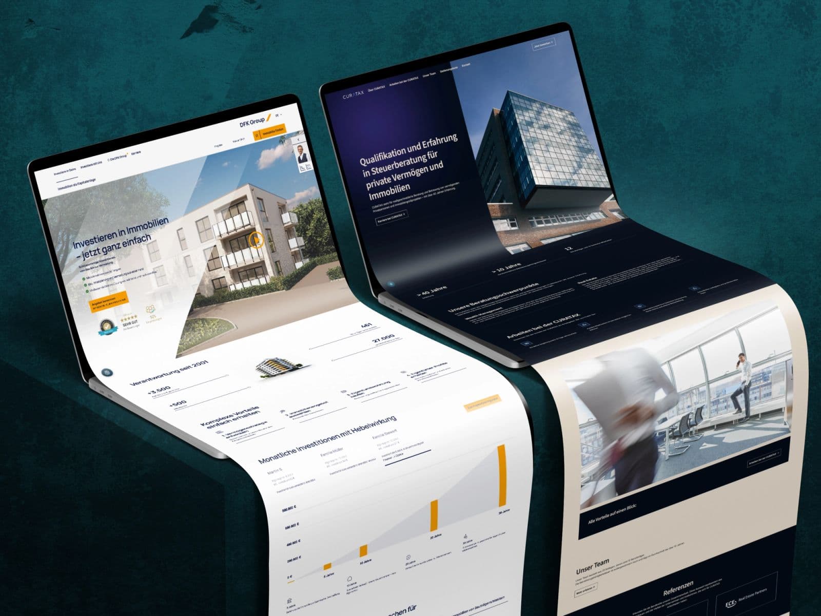 Evelan’s published showcase of DFK Group and CURATAX website interfaces.