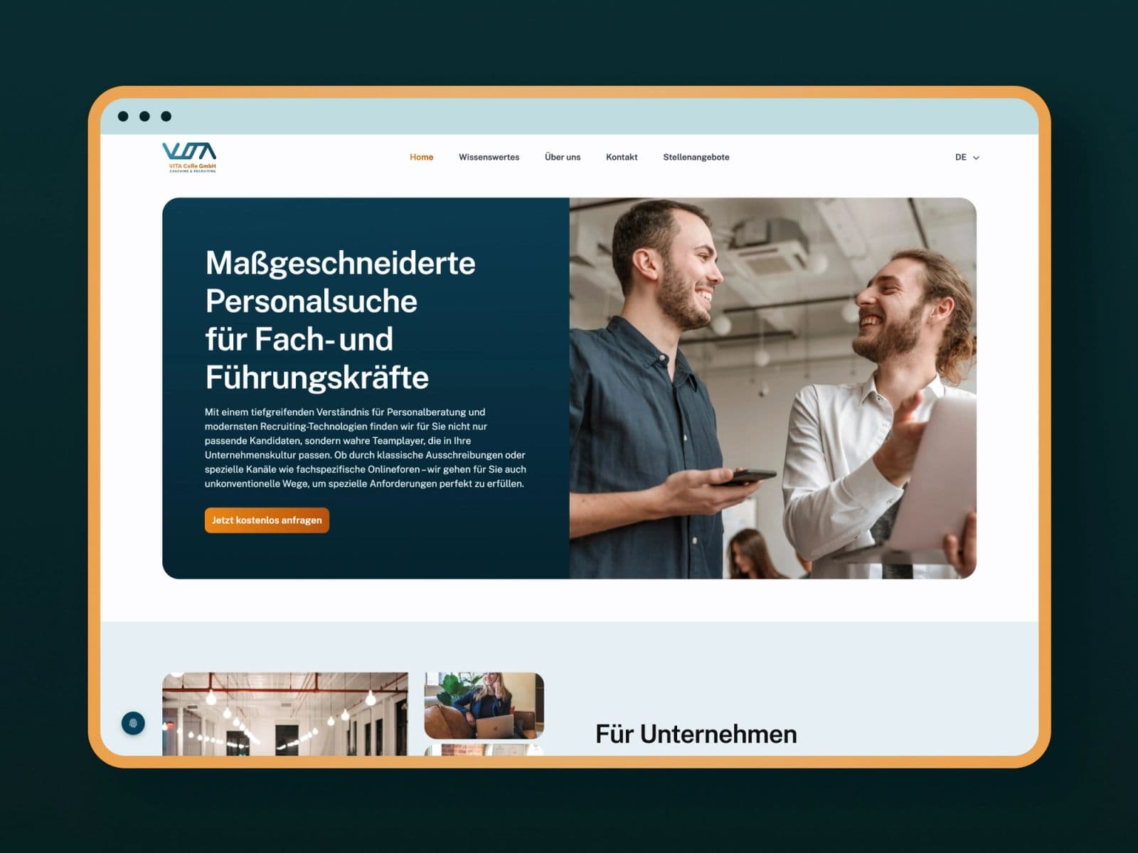 VITA CoRe’s recruitment homepage with navigation and employer-focused introduction, published by Evelan.